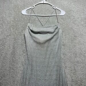 VINTAGE Evolution Not Revolution Slip Dress Womens M Silver Metallic  Side Slit